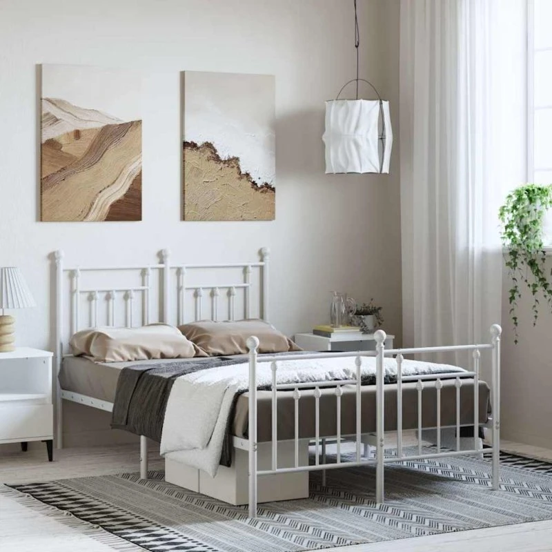 vidaXL Sengeramme 135x190 cm metal hvid med sengegavl og fodgærde