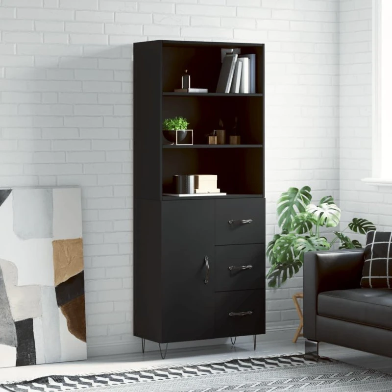 vidaXL Højskab 69,5x34x180 cm Konstrueret Træ Sort med 1 Låge og 3 Skuffer