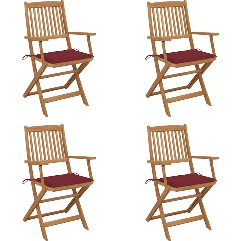 vidaXL Foldbare Havestole 4 stk. med Hynder, Massivt Akacietræ, Vinrød