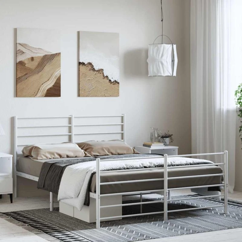 vidaXL Sengeramme 150x200 cm Metal Hvid med Sengegavl og Fodgærde