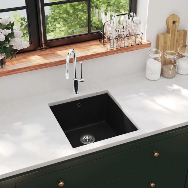 vidaXL køkkenvask enkelt granit sort 420x460 mm