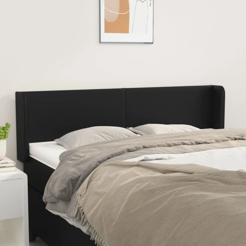 vidaXL Sengegavl med Kanter 147x16x78/88 cm Sort Kunstlæder