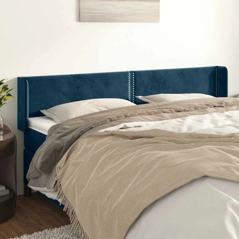 vidaXL Sengegavl med Kanter 163x16x78/88 cm, Mørkeblå Fløjl