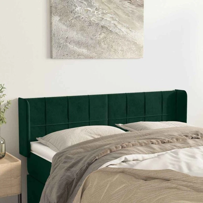 vidaXL Sengegavl med Kanter 147x16x78/88 cm Fløjl Mørkegrøn