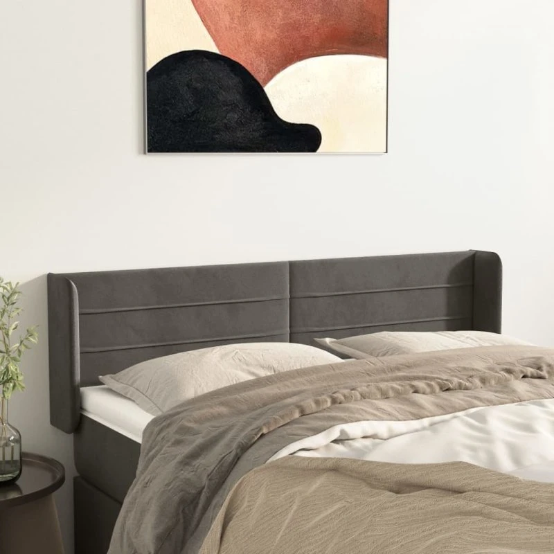 vidaXL Sengegavl med Kanter 147x16x78/88 cm Fløjl Mørkegrå