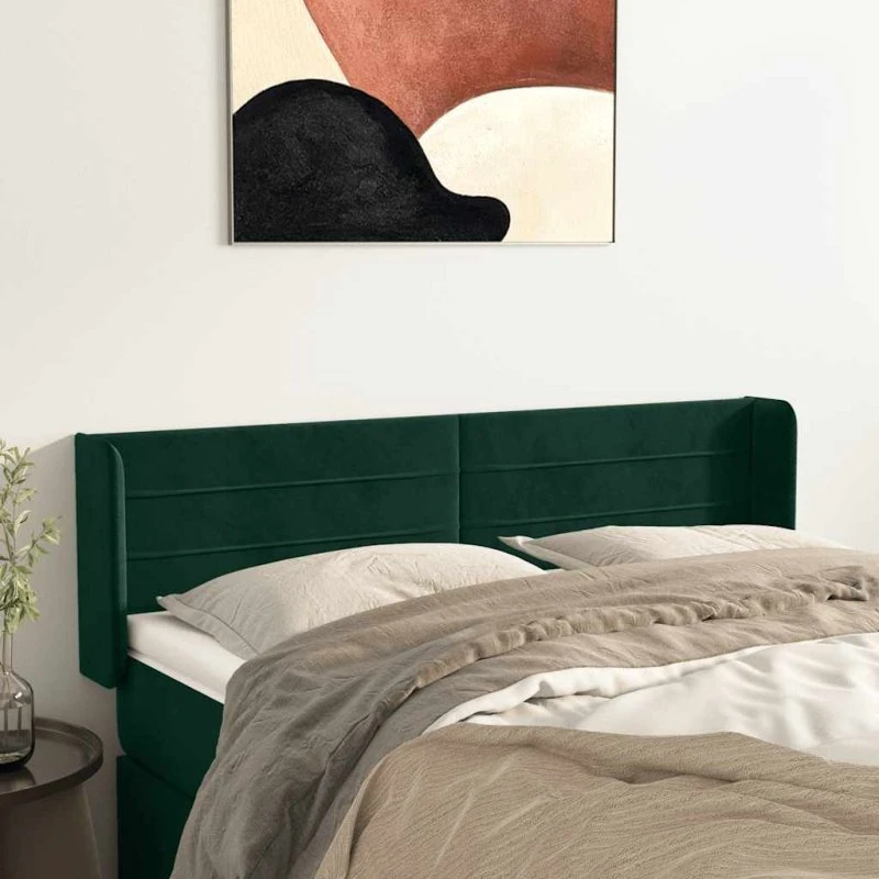 vidaXL Sengegavl med Kanter 147x16x78/88 cm Fløjl Mørkegrøn