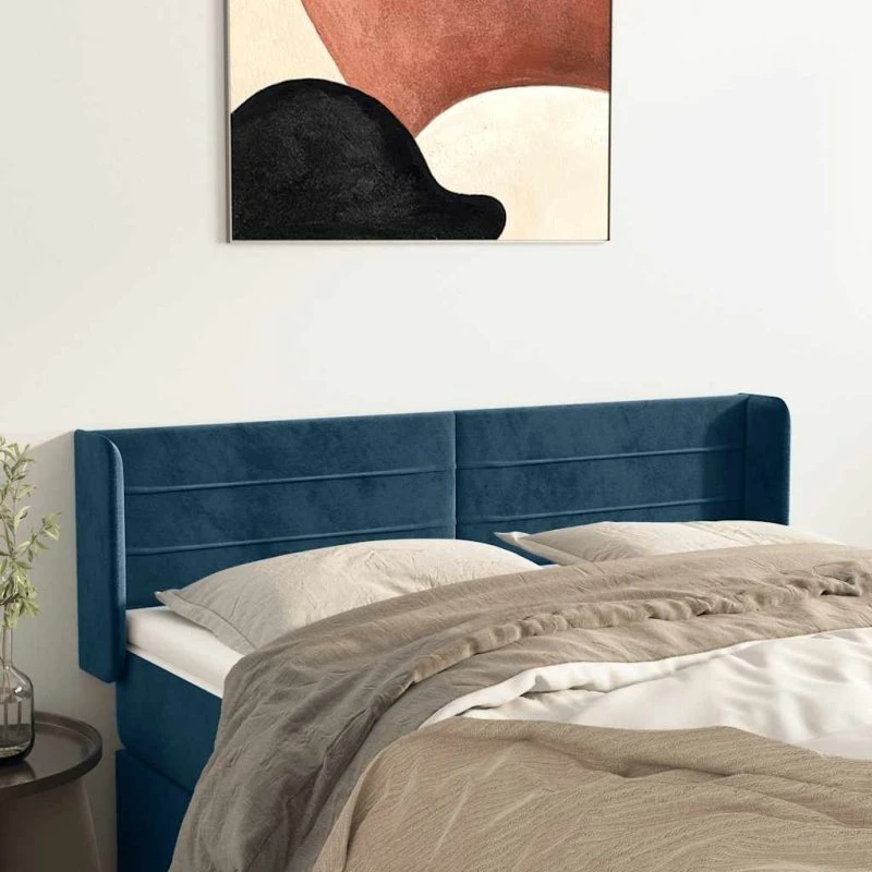 vidaXL Sengegavl med Kanter 147x16x78/88 cm Fløjl Mørkeblå