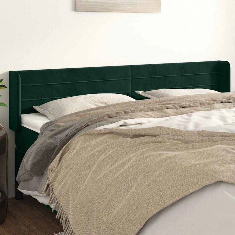 vidaXL Sengegavl med Kanter 183x16x78/88 cm Fløjl Mørkegrøn