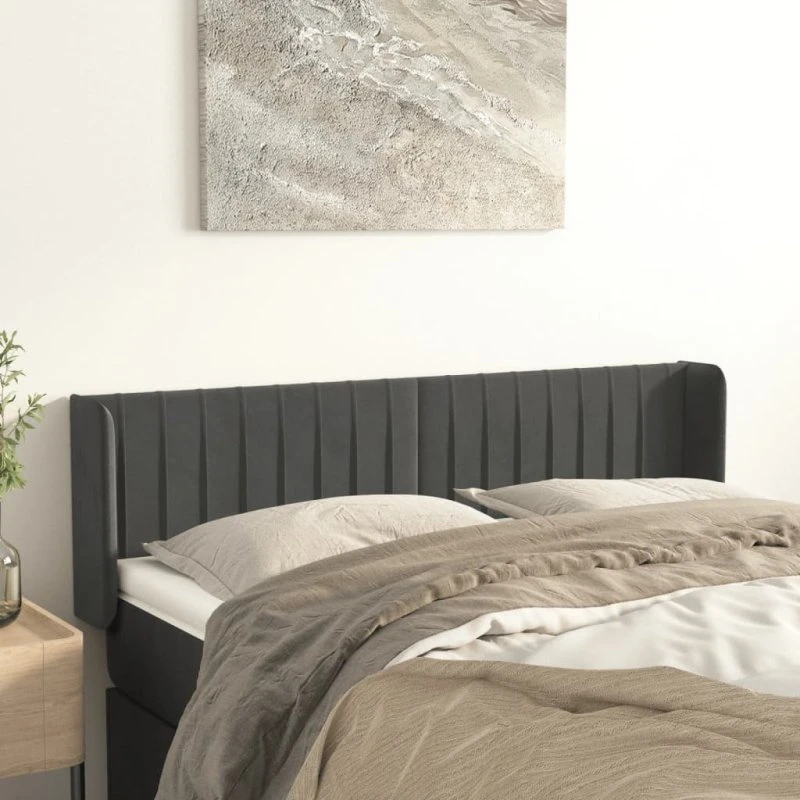 vidaXL Sengegavl med Kanter 147x16x78/88 cm, Mørkegrå Fløjl