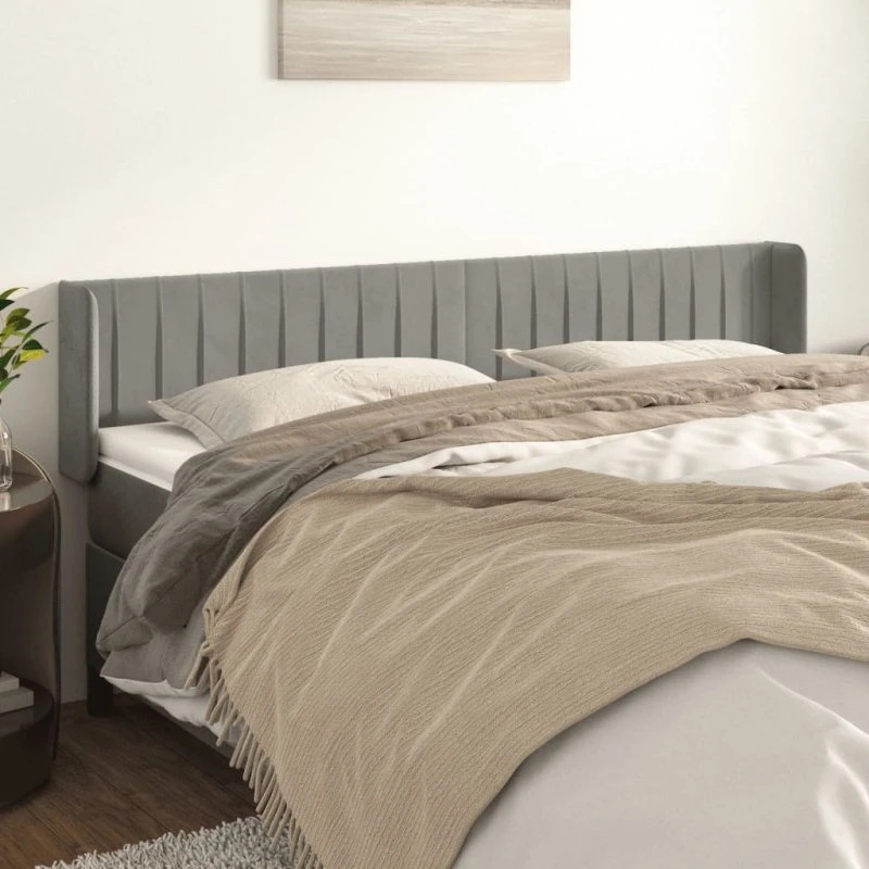 vidaXL Sengegavl med Kanter 203x16x78/88 cm, Lysegrå, Fløjl