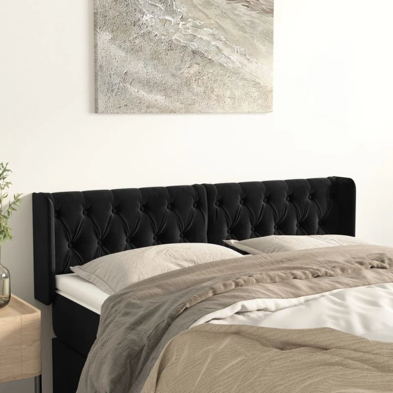 vidaXL Sengegavl med Kanter 163x16x78/88 cm, Sort, Fløjl