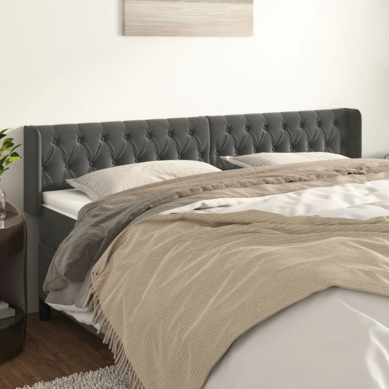 vidaXL Sengegavl med Kanter 183x16x78/88 cm, Mørkegrå Fløjl