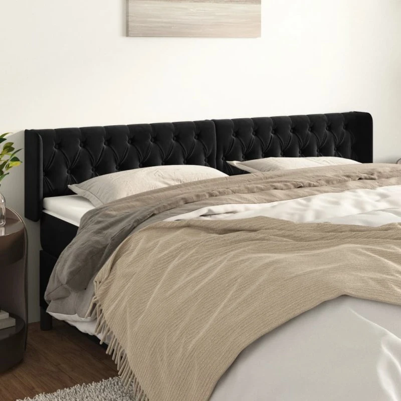 vidaXL Sengegavl med Kanter 203x16x78/88 cm, Sort, Fløjl