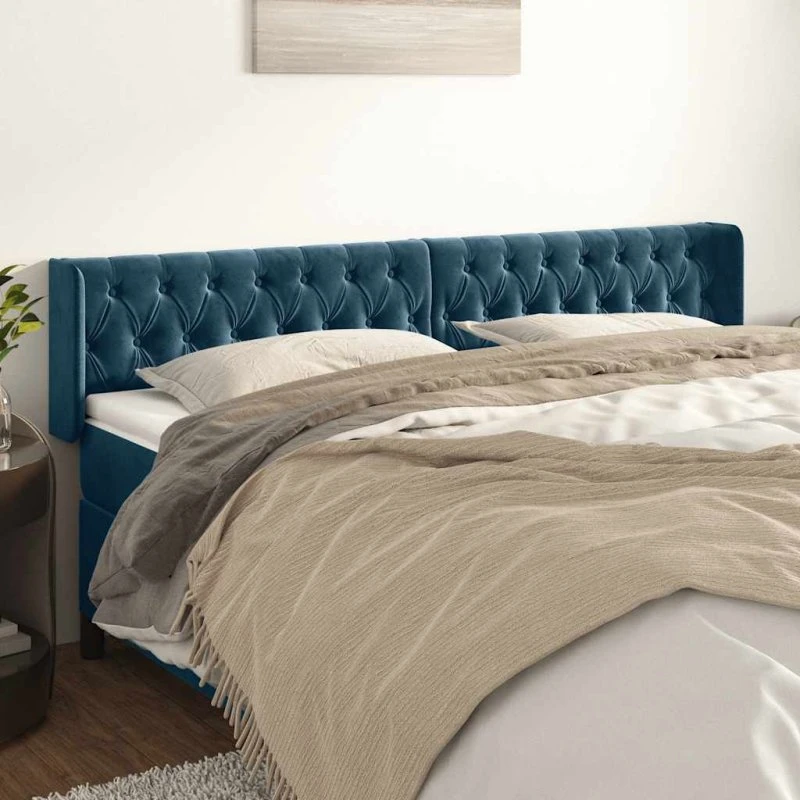 vidaXL Sengegavl med Kanter 203x16x78/88 cm, Mørkeblå Fløjl