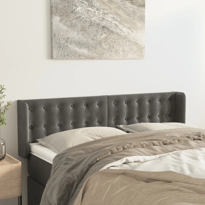 vidaXL Sengegavl med Kanter 147x16x78/88 cm Fløjl Mørkegrå