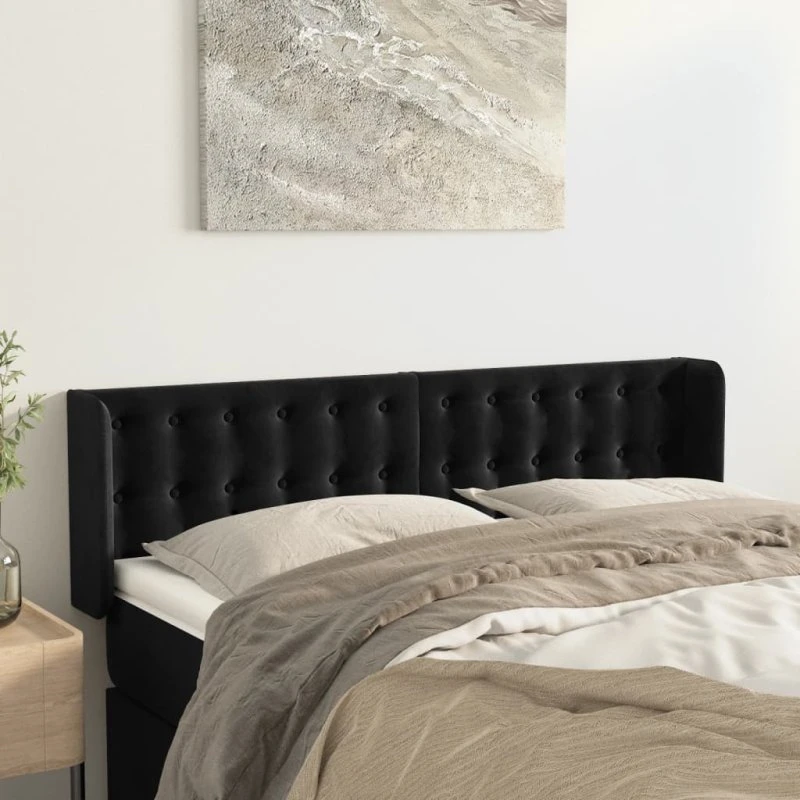 vidaXL Sengegavl med Kanter 147x16x78/88 cm, Sort, Fløjl