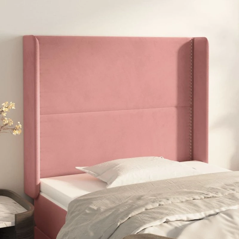 vidaXL Sengegavl med Kanter 83x16x118/128 cm Lyserød Fløjl
