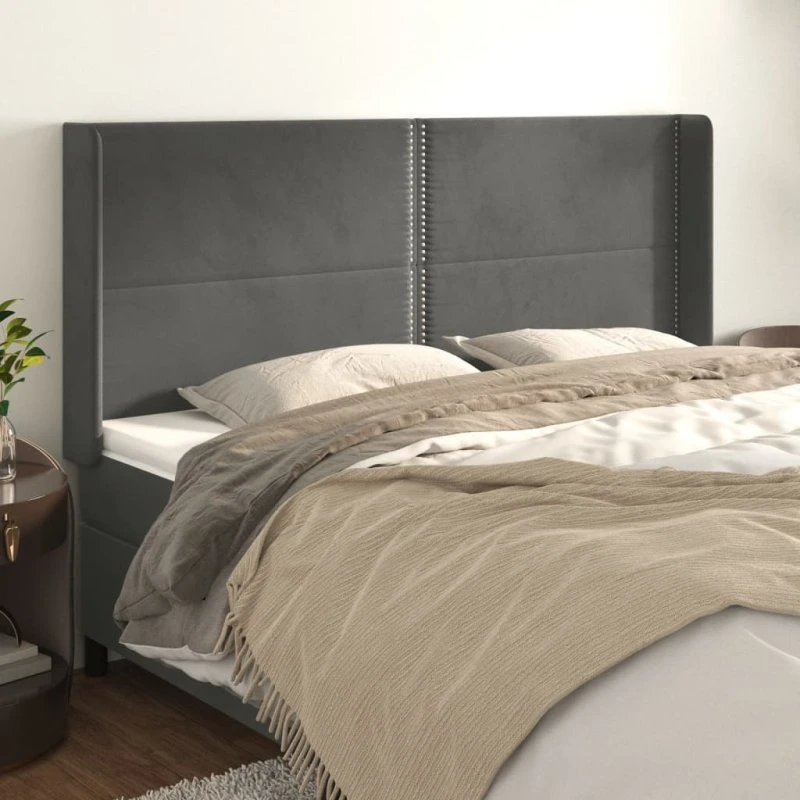 vidaXL Sengegavl med Kanter 183x16x118/128 cm Fløjl Mørkegrå