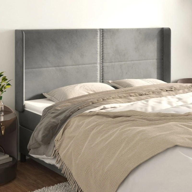 vidaXL Sengegavl med Kanter 203x16x118/128 cm, Fløjl Lysegrå