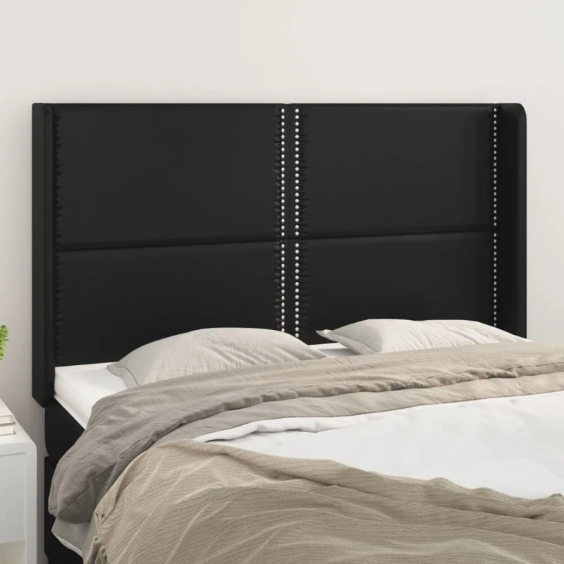 vidaXL Sengegavl med Kanter 147x16x118/128 cm Sort Kunstlæder