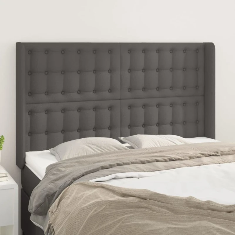 vidaXL Sengegavl med Kanter 147x16x118/128 cm Grå Kunstlæder