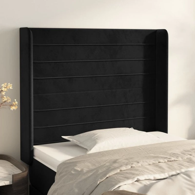 vidaXL Sengegavl med Kanter 103x16x118/128 cm, Sort, Fløjl