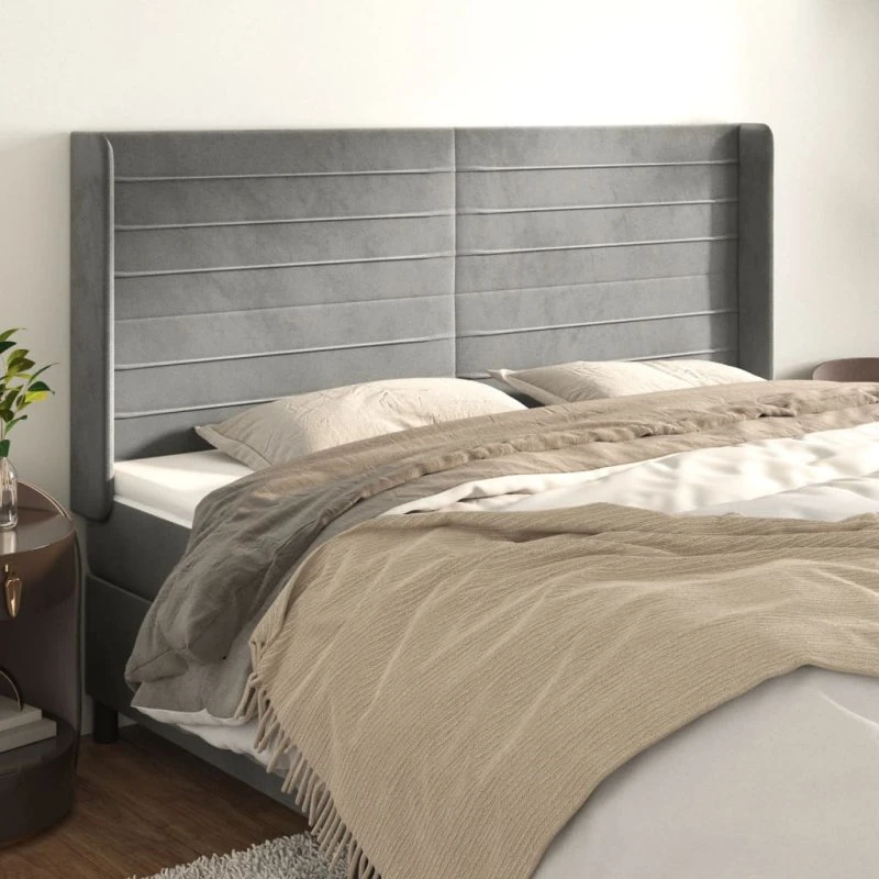 vidaXL Sengegavl med Kanter 163x16x118/128 cm Fløjl Lysegrå