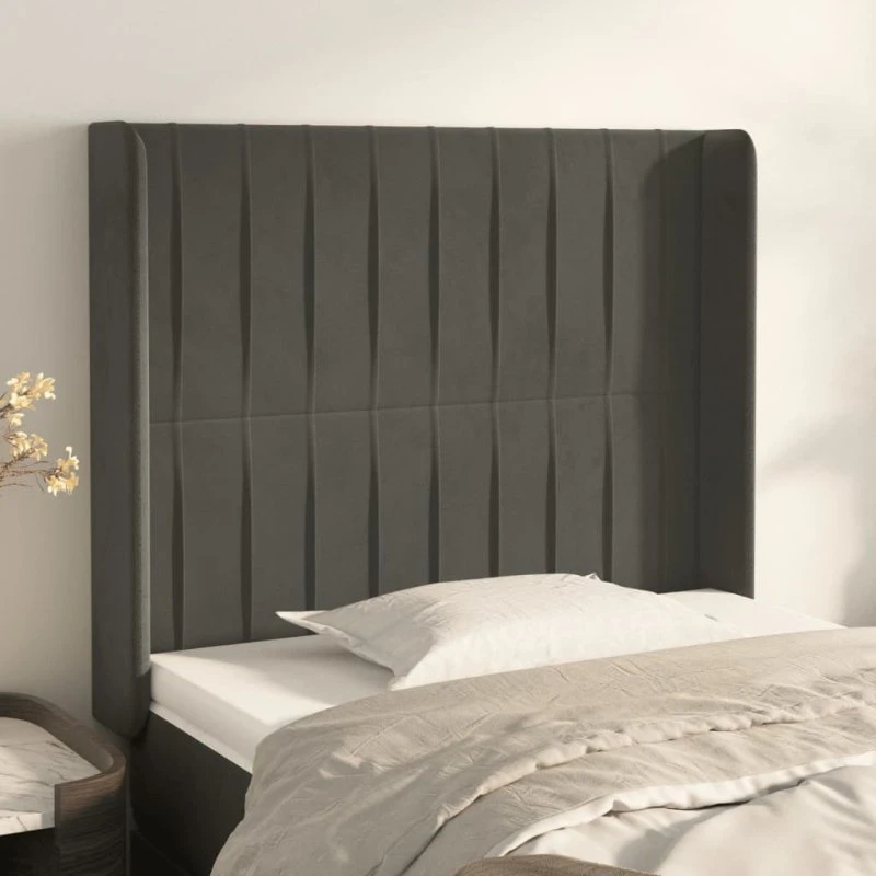 vidaXL Sengegavl med Kanter 103x16x118/128 cm, Mørkegrå Fløjl