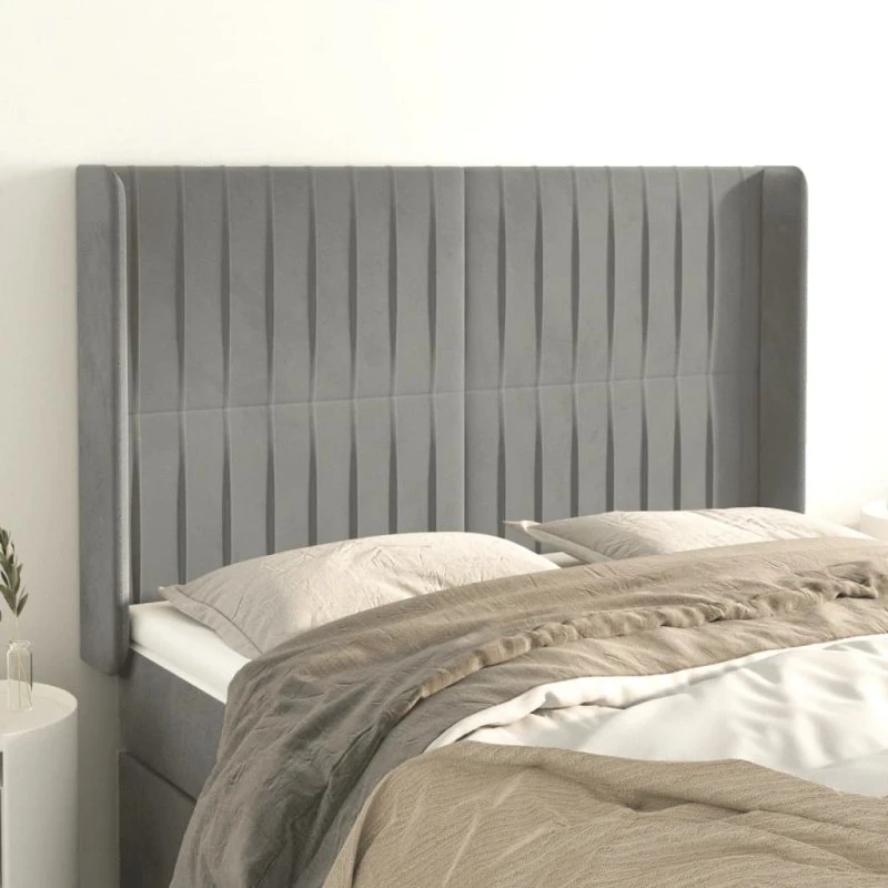 vidaXL Sengegavl med Kanter 147x16x118/128 cm Lysegrå Fløjl
