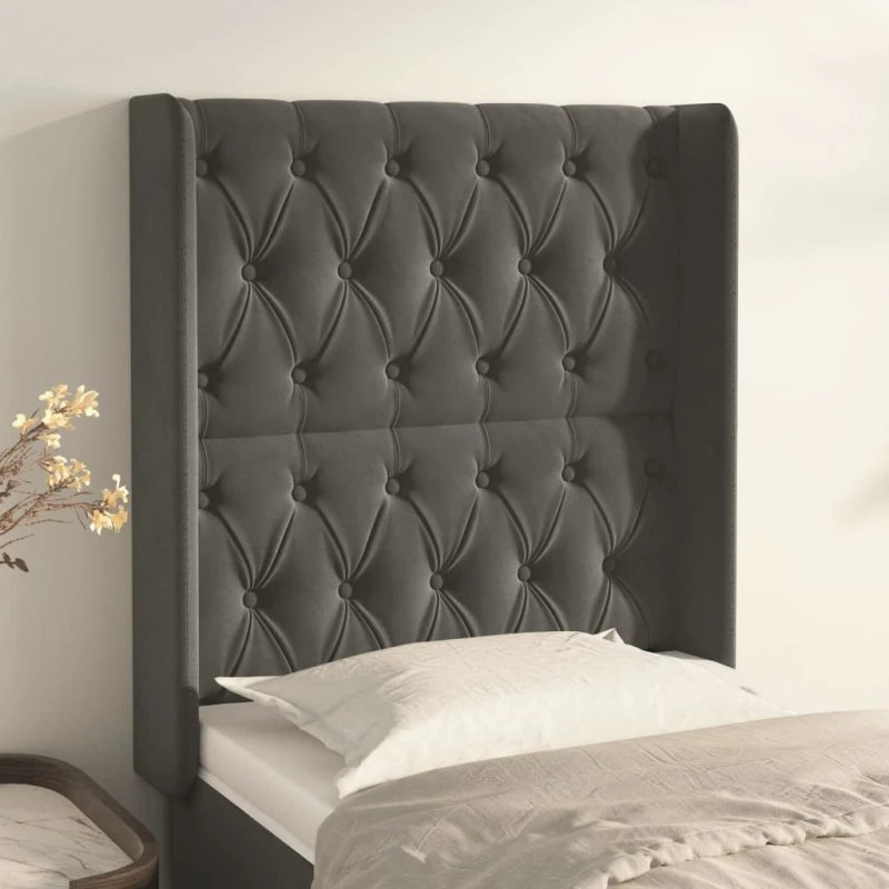 vidaXL Sengegavl med Kanter 83x16x118/128 cm, Mørkegrå Fløjl
