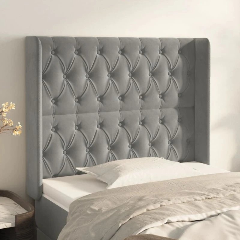 vidaXL Sengegavl med Kanter 103x16x118/128 cm, Lysegrå, Fløjl