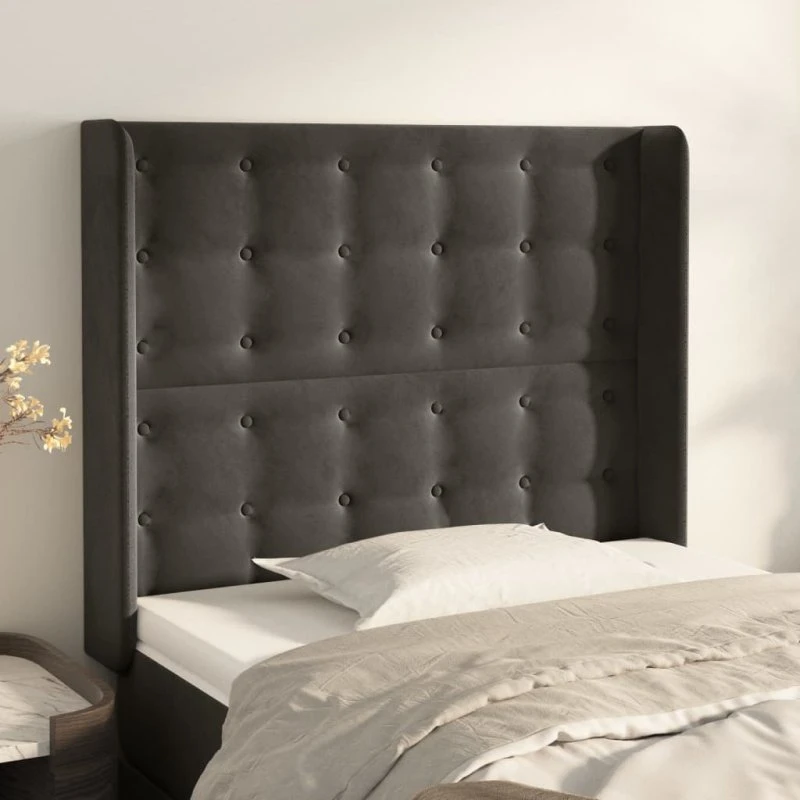 vidaXL Sengegavl med Kanter 93x16x118/128 cm, Mørkegrå Fløjl