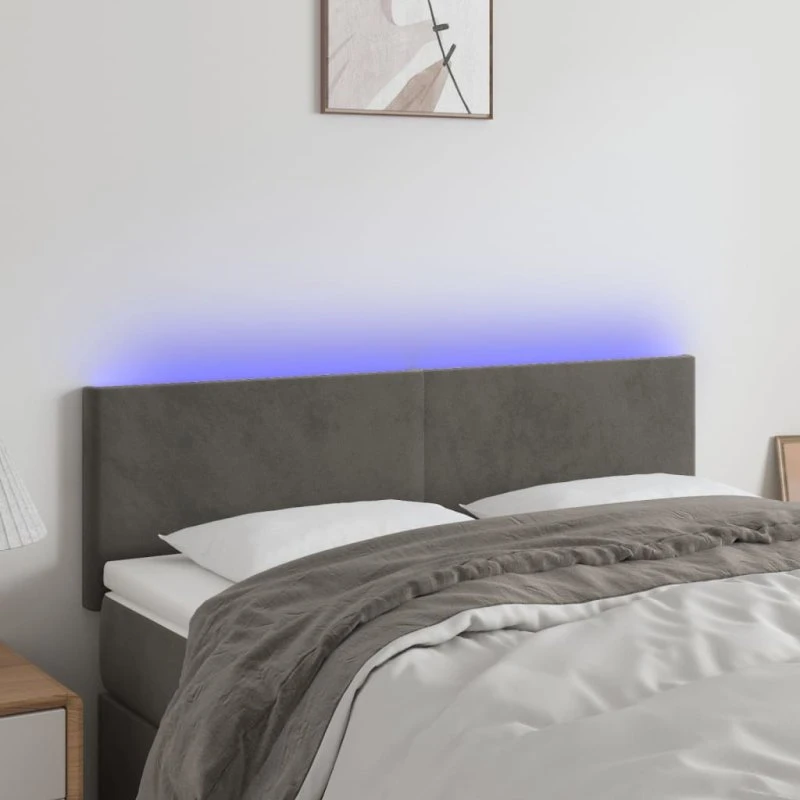 vidaXL Sengegavl med LED-lys 144x5x78/88 cm mørkegrå fløjl