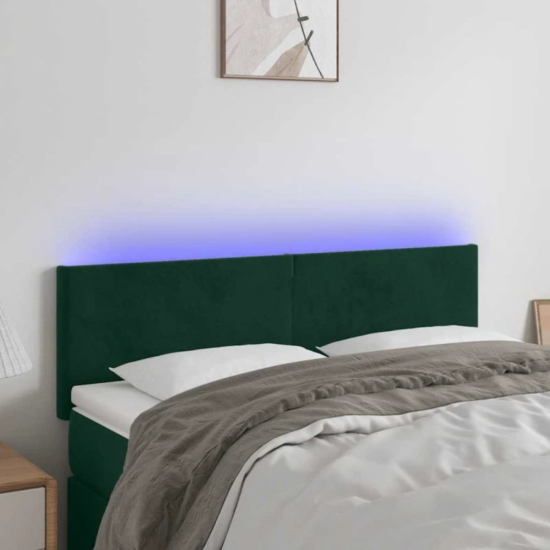 vidaXL Sengegavl med LED-lys 144x5x78/88 cm mørkegrøn fløjl