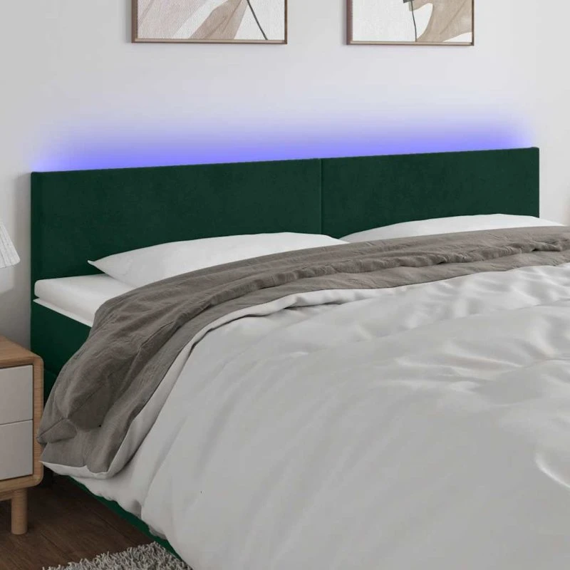 vidaXL Sengegavl med LED-lys 160x5x78/88 cm mørkegrøn fløjl