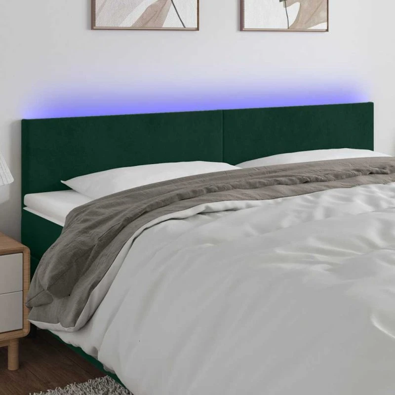 vidaXL Sengegavl med LED-lys 200x5x78/88 cm mørkegrøn fløjl