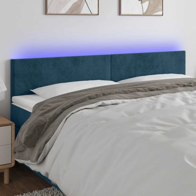 vidaXL Sengegavl med LED-lys 200x5x78/88 cm mørkeblå fløjl
