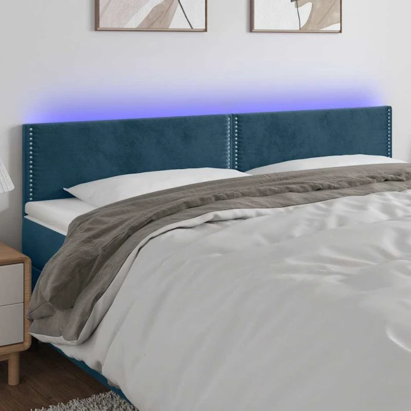 vidaXL Sengegavl med LED-lys 180x5x78/88 cm mørkeblå fløjl