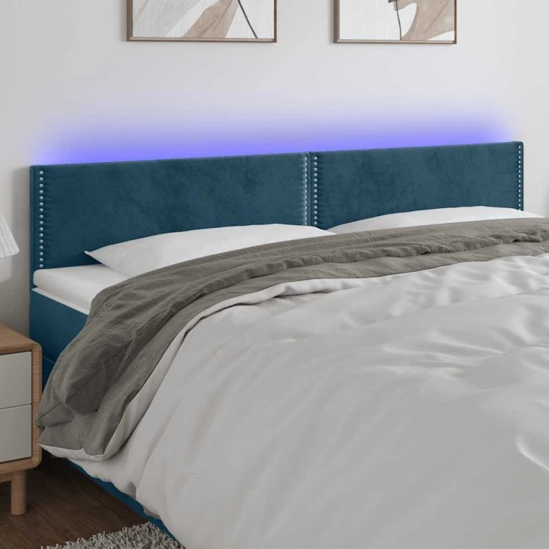vidaXL Sengegavl med LED-lys 200x5x78/88 cm mørkeblå fløjl