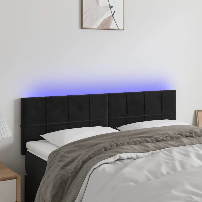 vidaXL Sengegavl med LED-lys 144x5x78/88 cm, fløjl, sort