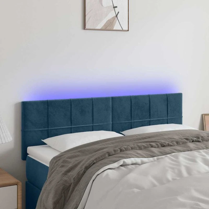 vidaXL Sengegavl med LED-lys 144x5x78/88 cm mørkeblå fløjl