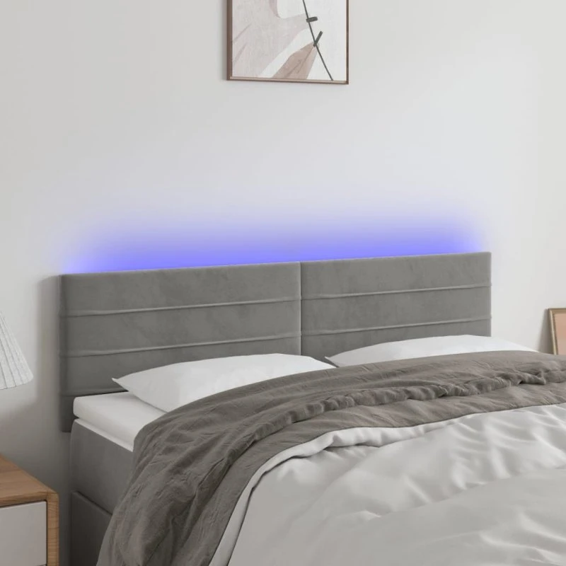 vidaXL Sengegavl med LED-lys 144x5x78/88 cm lysegrå fløjl