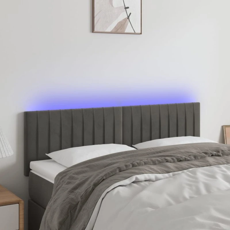 vidaXL Sengegavl med LED-lys 144x5x78/88 cm mørkegrå