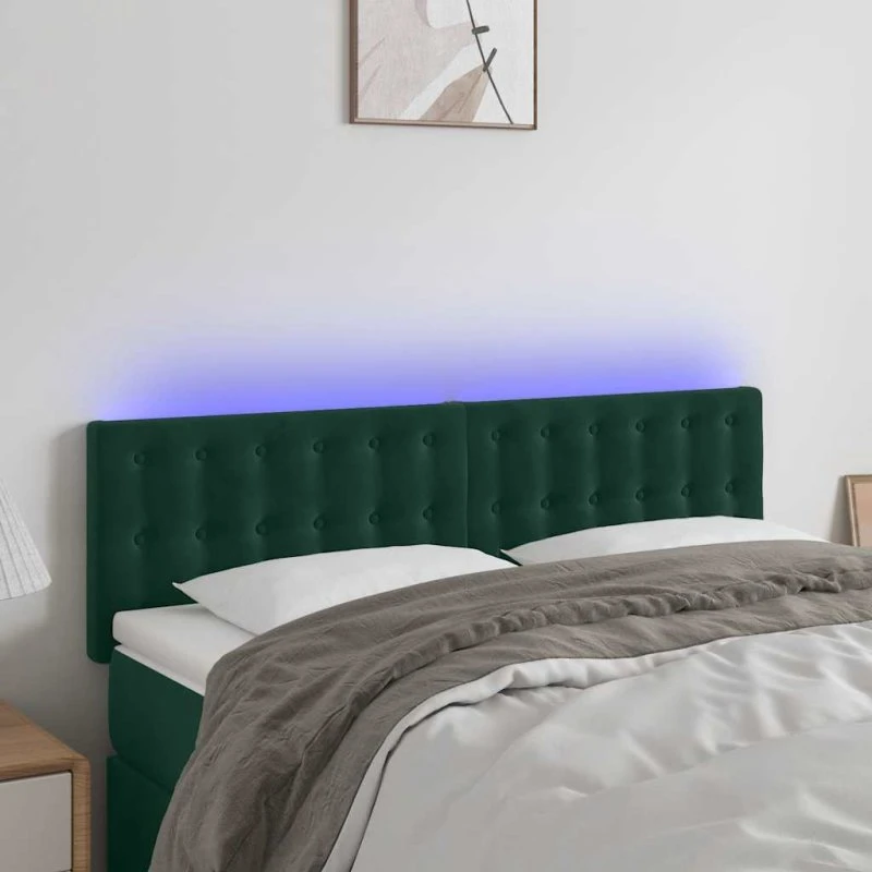 vidaXL Sengegavl med LED-lys 144x5x78/88 cm mørkegrøn fløjl