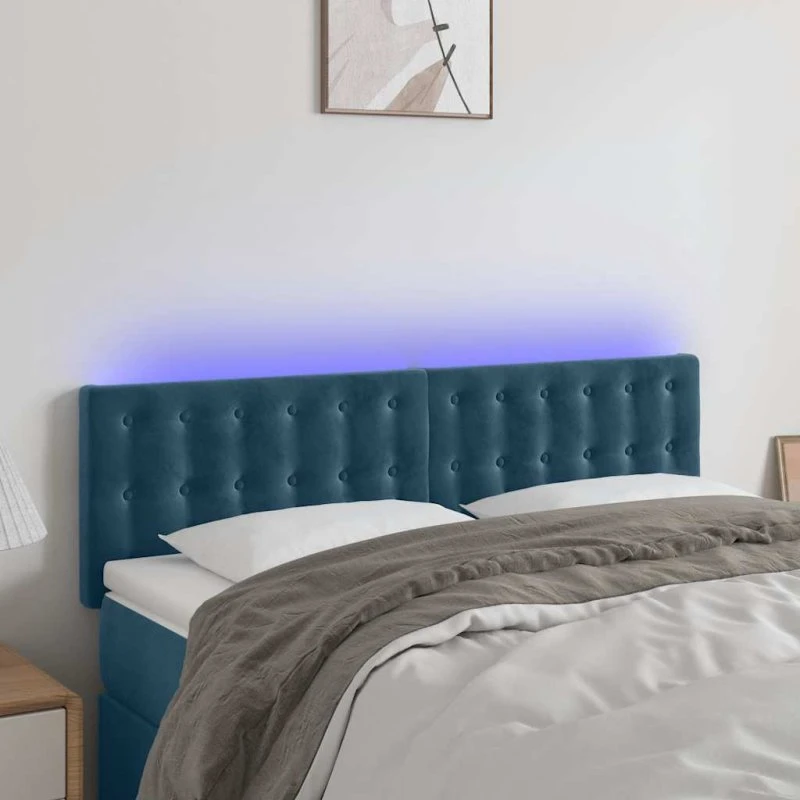 vidaXL Sengegavl med LED-lys 144x5x78/88 cm mørkeblå fløjl