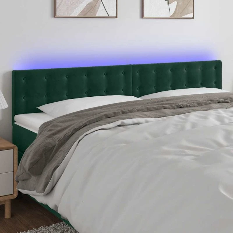 vidaXL Sengegavl med LED-lys 160x5x78/88 cm mørkegrøn fløjl