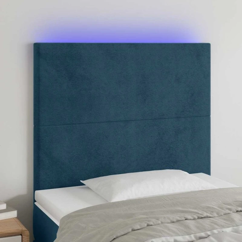 vidaXL Sengegavl med LED-lys 100x5x118/128 cm mørkeblå fløjl
