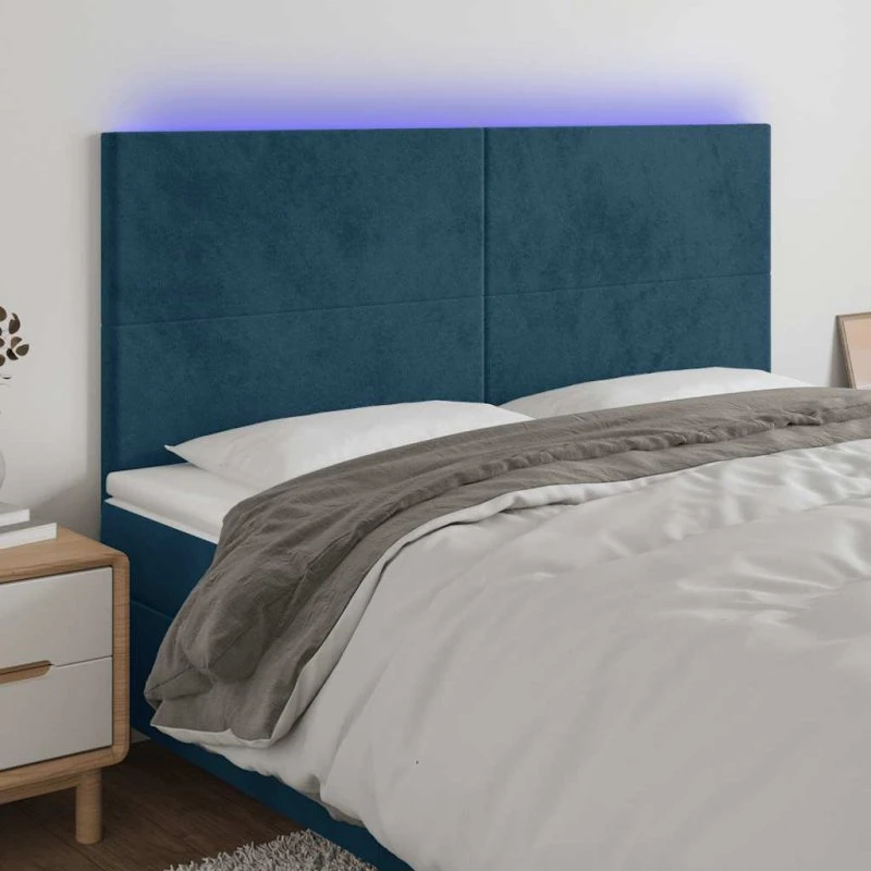 vidaXL Sengegavl med LED-lys 180x5x118/128 cm mørkeblå fløjl