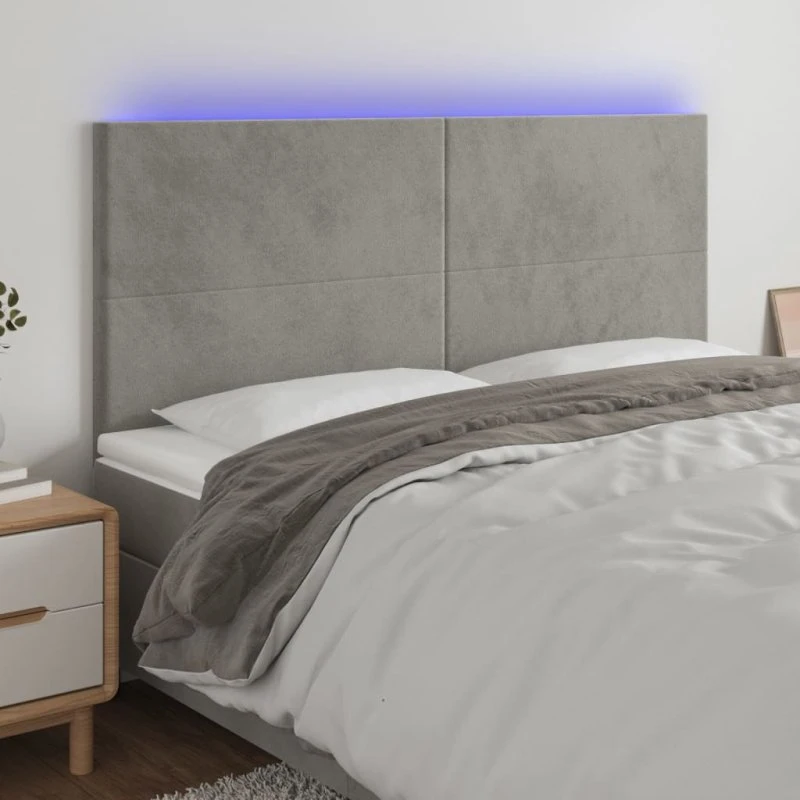 vidaXL Sengegavl med LED-lys 200x5x118/128 cm lysegrå fløjl