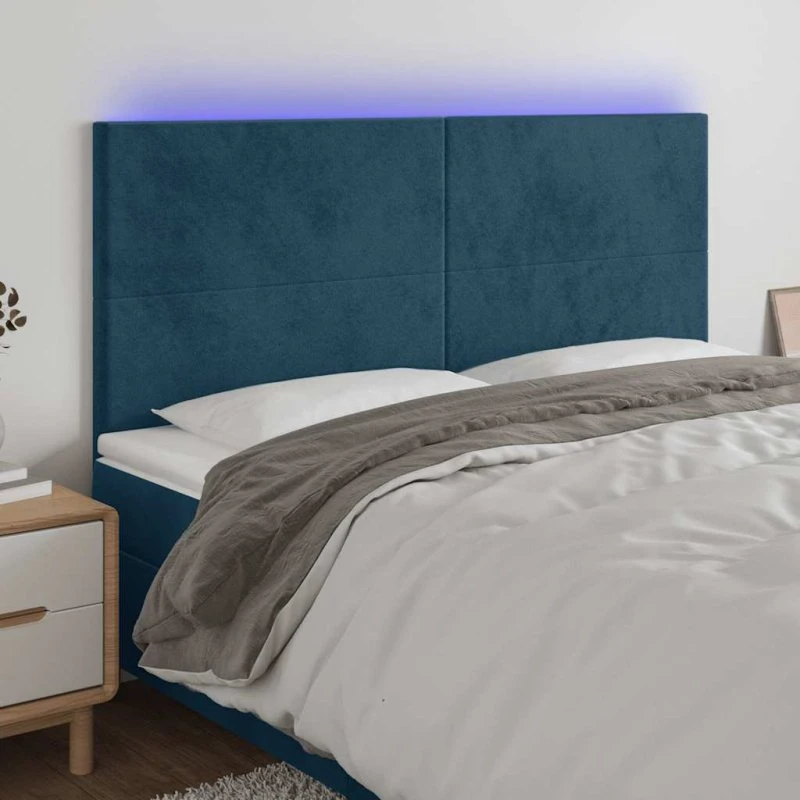 vidaXL Sengegavl med LED-lys 200x5x118/128 cm mørkeblå fløjl